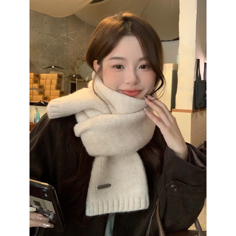 韩系羊毛针织毛线纯色小围巾女冬季加厚保暖百搭高级感米色围脖冬