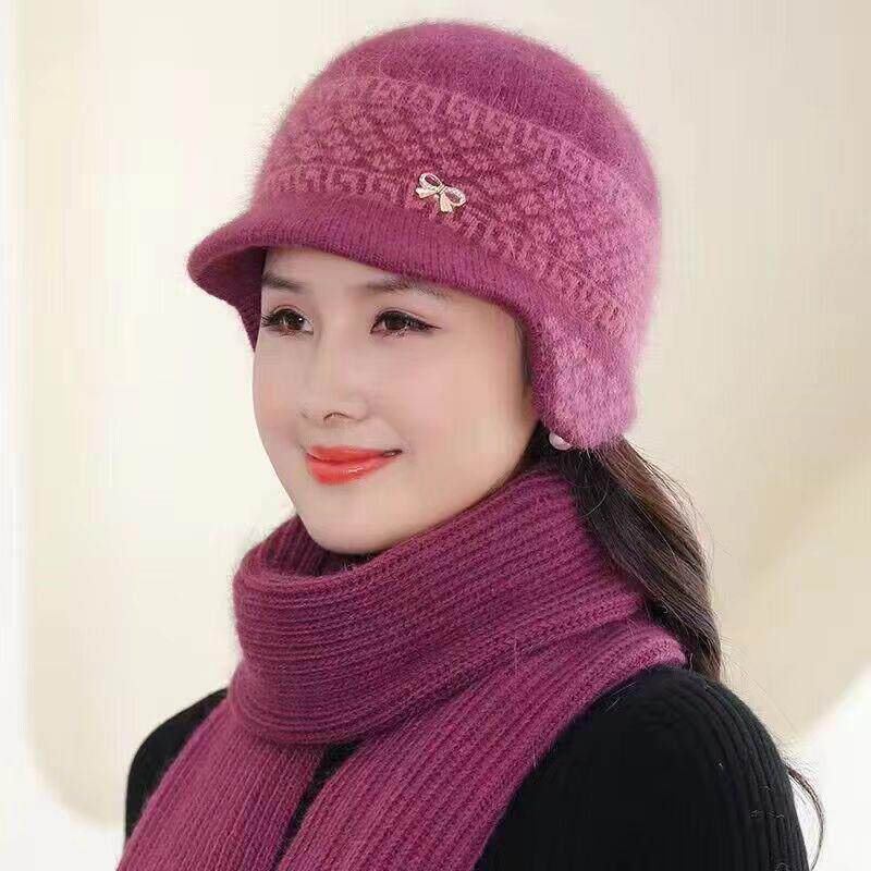中老年帽子女款妈妈老太太针织毛线帽秋冬新款老人护耳加绒鸭舌帽