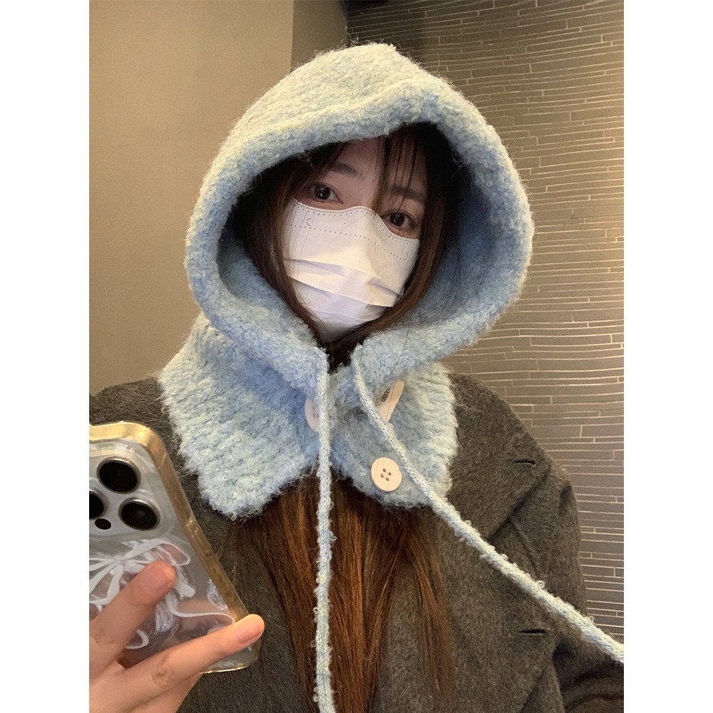 蓝色巴拉克拉法帽女秋冬帽子围脖一体羊毛混纺针织保暖护耳包头帽