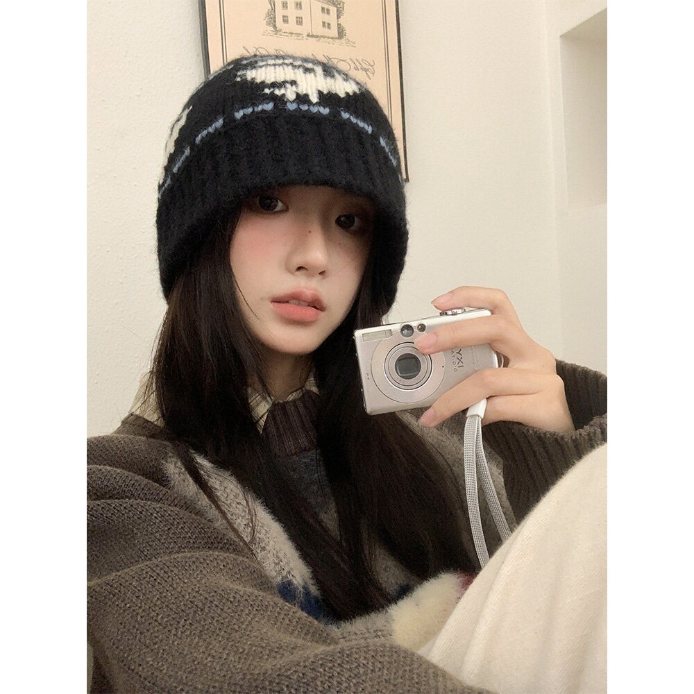 黑色复古针织帽女冬季韩系百搭显脸小毛线水桶帽加厚防寒保暖帽子