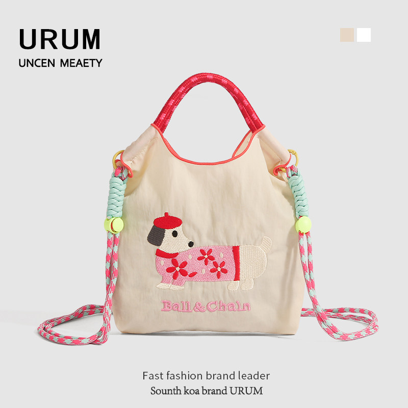 URUM日系ball chain刺绣腊肠狗女水桶包包小手机包通勤单肩斜挎包图片