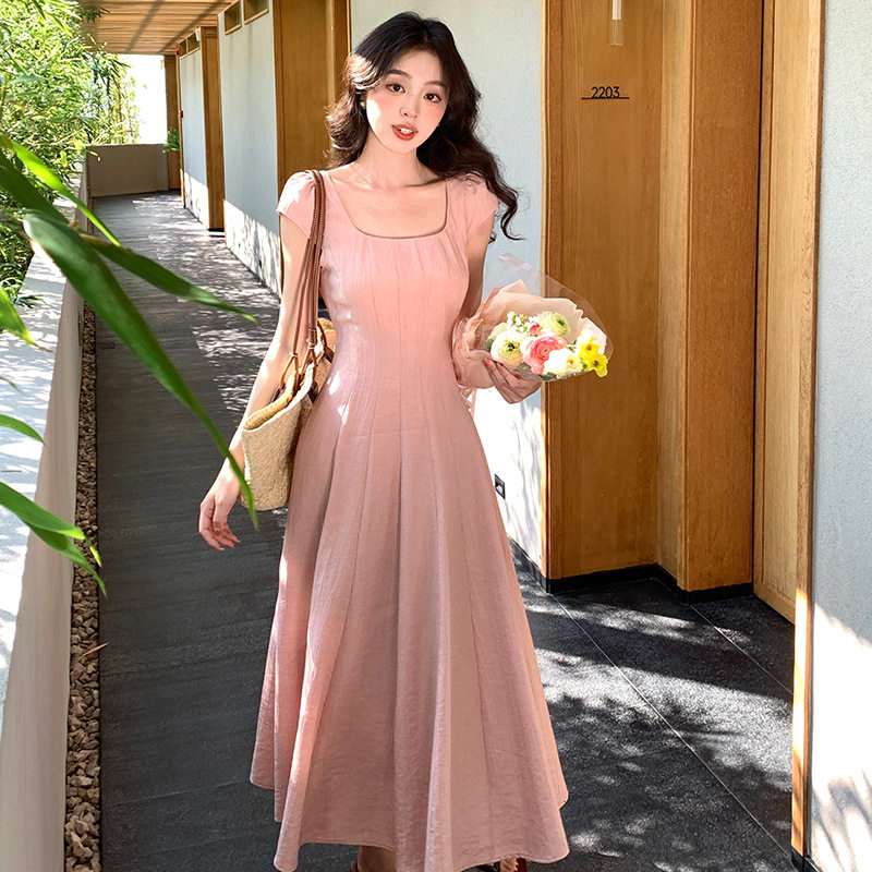 秀熙熙十三行2025夏季新款优雅气质纯色高腰短袖连衣裙子女88267