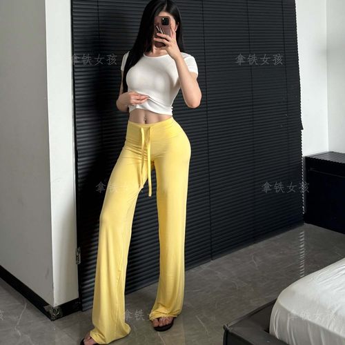 拿铁女孩春夏款高腰阔腿运动长裤