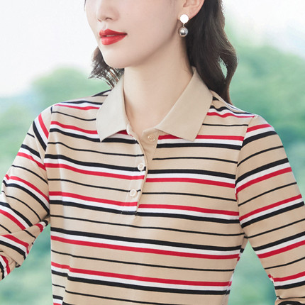 外贸尾货清仓捡漏女衬衫纯棉春秋长袖条纹T恤中年妈妈polo打底衫