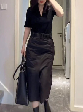 coss koko春季新款黑色v领简约t恤高腰半身裙时尚女