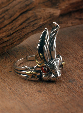 日本coss koko长耳朵兔子先生戒指男潮银复古轻奢小众精致个性