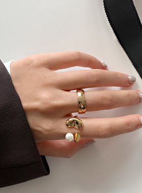 日本coss koko花瓣珍珠戒指时尚个性金属食指环欧美ins
