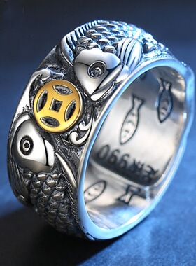 日本coss koko银金龙鱼铜钱银戒指男开口指环招财转运吉祥如意