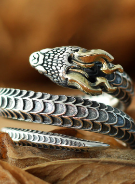 日本coss koko银蛇戒指像龙带角的蛇指环活口多圈指环可调节复古