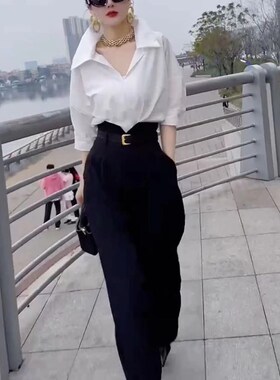 coss koko春夏新款时尚色翻领衬衫高腰阔腿裤显瘦洋气