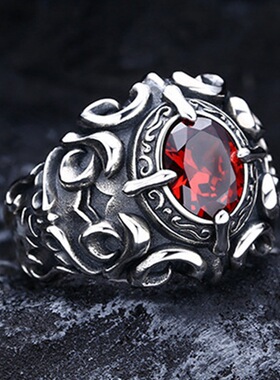 日本coss kokos925镀银潮流复古银做旧风格时尚男士款切面石榴石