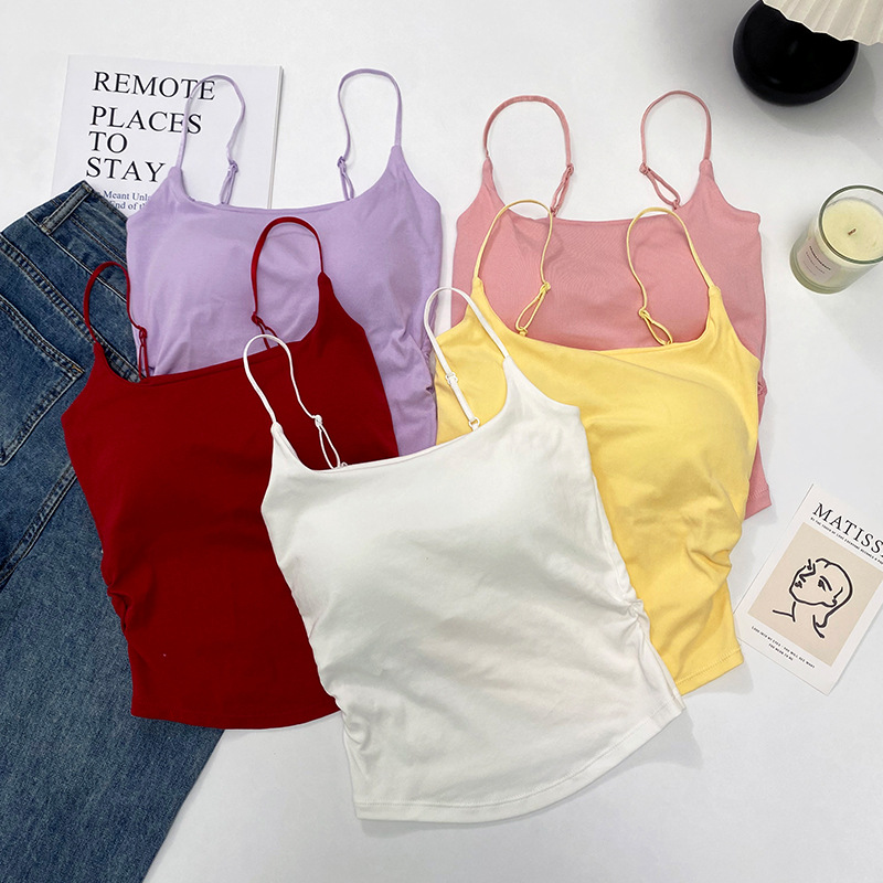 新款纯欲甜辣设计感褶皱小吊带背心女带胸垫内搭外穿修身美背上衣