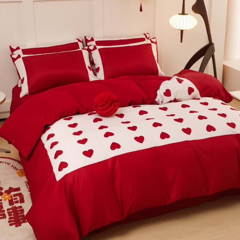 优选婚庆四件套大红全棉喜庆被套床单新结婚房稼礼床上用品公主风
