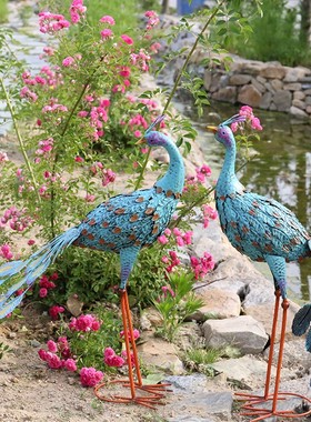 优选岛拉蓝色铁质孔雀摆件铁艺水鸟庭院园艺装饰别墅花园阳台动物