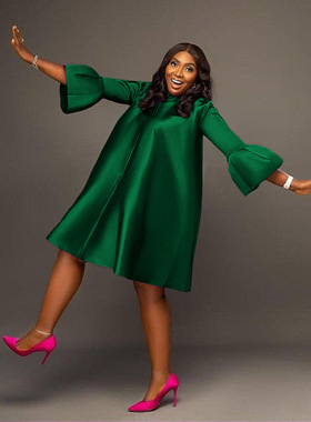 2022欧美大码圆领喇叭袖宽松休闲连衣裙女Plus Size Party Dress