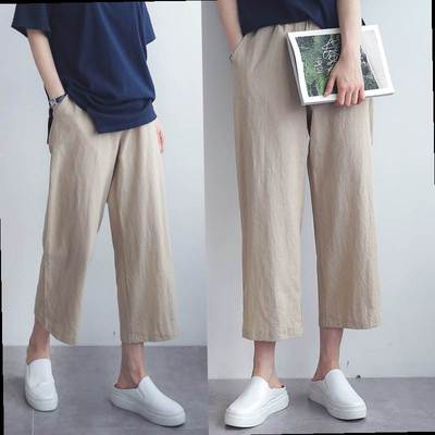 Plus Size Solid Khaki White Linens Straight Pants Summer