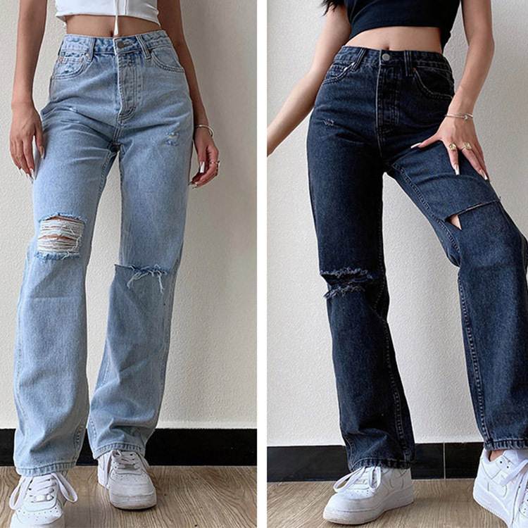 women loose jeans long pants 欧美女性休闲阔腿洗水破洞牛仔裤