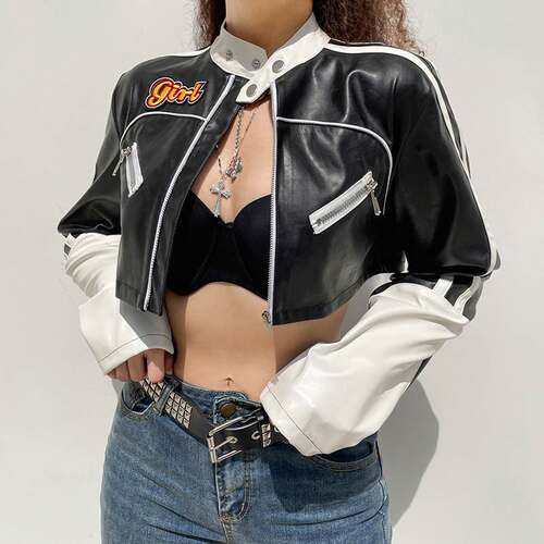 Cropped PU Leather Jacket Women Zipper Jacket Basic Coat
