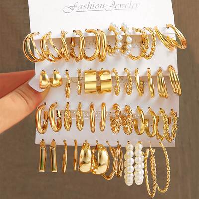 Gold Color Pearl Hoop Earrings Set Metal Dangle Earrings Vin