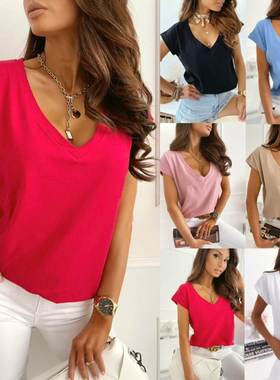 Women's Spring/Summer Solid Color V-Neck Simple T-Shirt