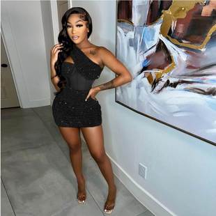 Dress Party 欧美性感斜领亮片涤网收腰派对连衣裙 Mesh Sequined