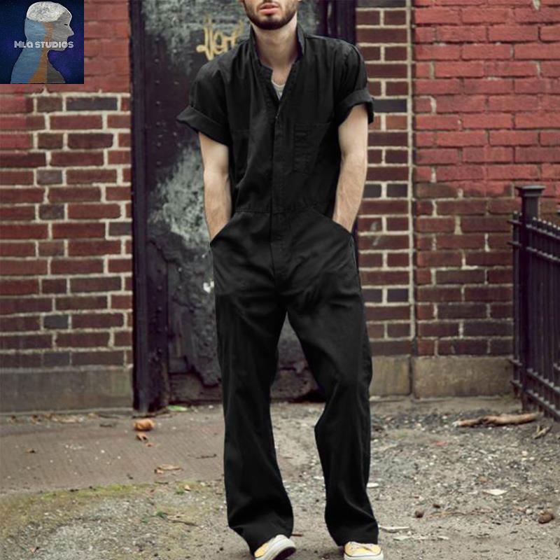 Men Rompers 2023美式薄款男宽松黑色蓝色工装连体裤潮流大码长裤
