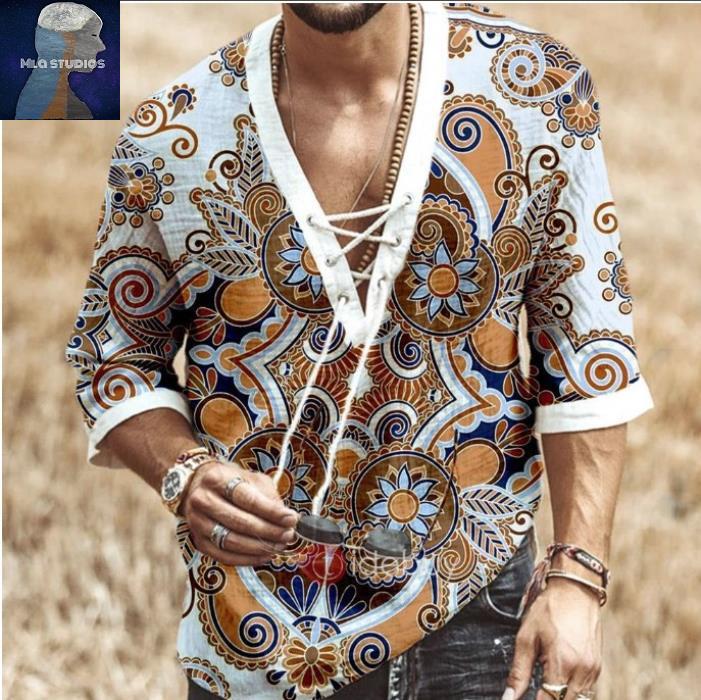 Men T-shirt欧美风短袖上衣2023夏季男薄款抽绳衬衫七分袖V领T恤