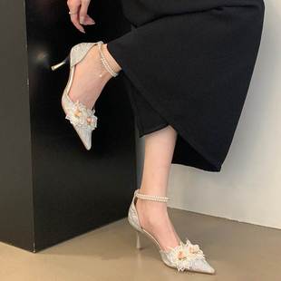 仙女风！欧美2023新款尖头高跟鞋女花朵珍珠婚鞋礼服细跟浅口单鞋