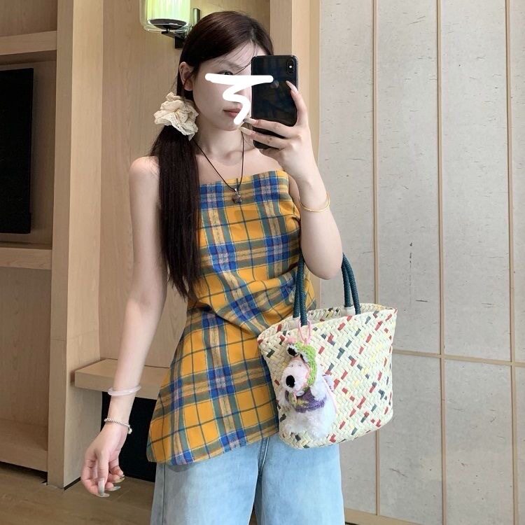美式复古黄色格子吊带外穿背心女夏季辣妹不规则别致褶皱无袖上衣