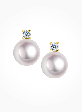 BEAUFINA百分娜18K金AKOYA海水珍珠耳钉女镶嵌钻石戴妃款耳饰高级