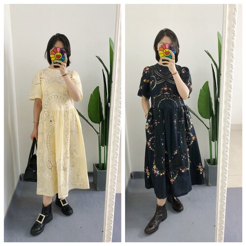 断码折 买手店se@ 鹅黄色亚麻棉镂空蕾丝花朵刺绣连衣裙中长