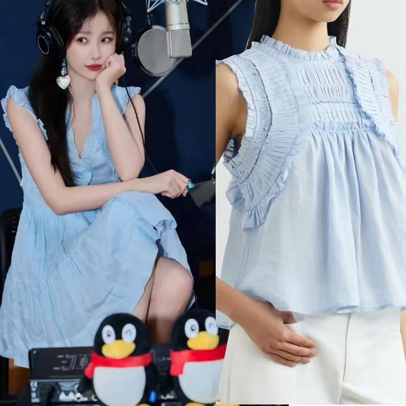 Sea虞书欣荷叶边亚麻衬衫连衣裙