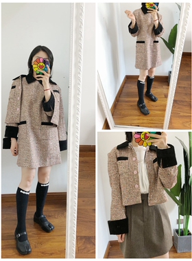 断码折扣 买手ICE真丝内衬小香风丝绒拼接亮片粗花呢气质连衣裙