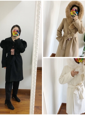 折 买手m@x studio红标大衣新款狐狸毛领羊毛呢皮草外套mango