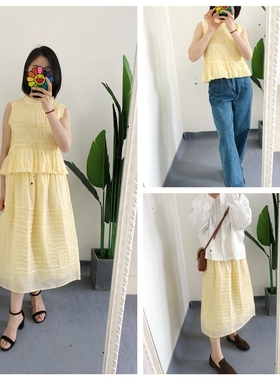 买手店sea 鹅黄色褶皱苎麻衬衫无袖上衣 半身裙