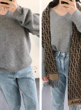 Fstyle买手店art j 韩国小众 深灰色V领兔绒羊毛针织套头衫慵懒