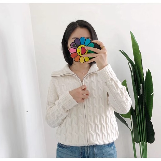 清货 仅M1 买手店loro女士山羊绒绞花针织开衫奶白色翻领拉链外套