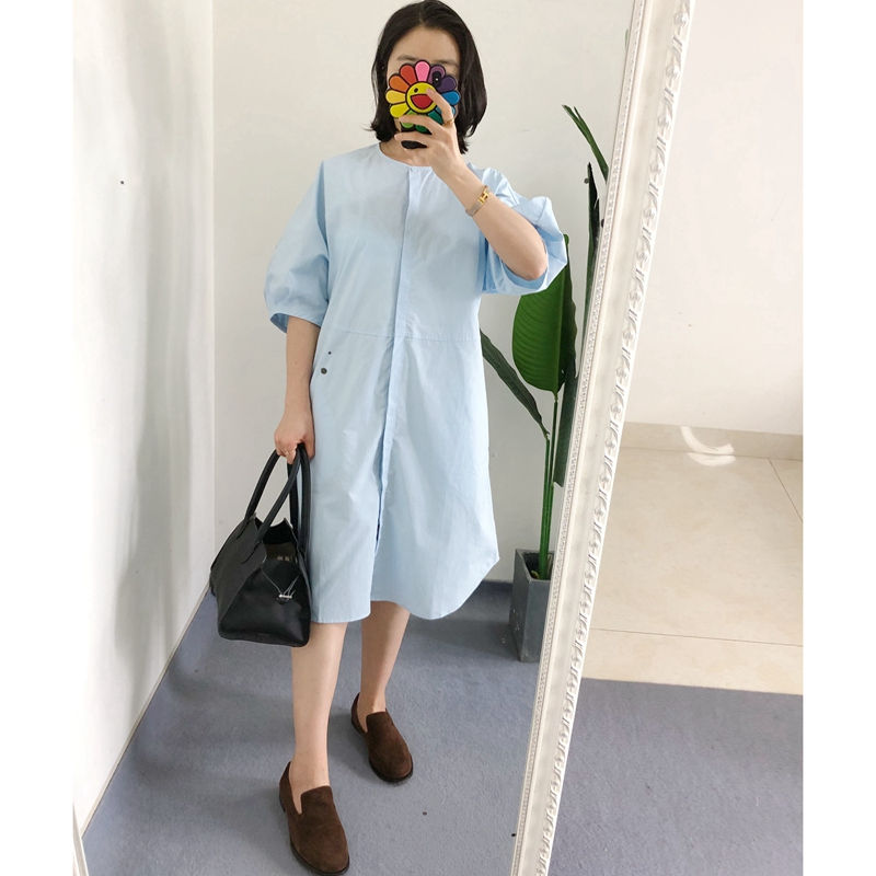 原标买手店CS 天蓝色圆领纯棉泡泡袖娃娃连衣裙衬衫裙 小个子显瘦