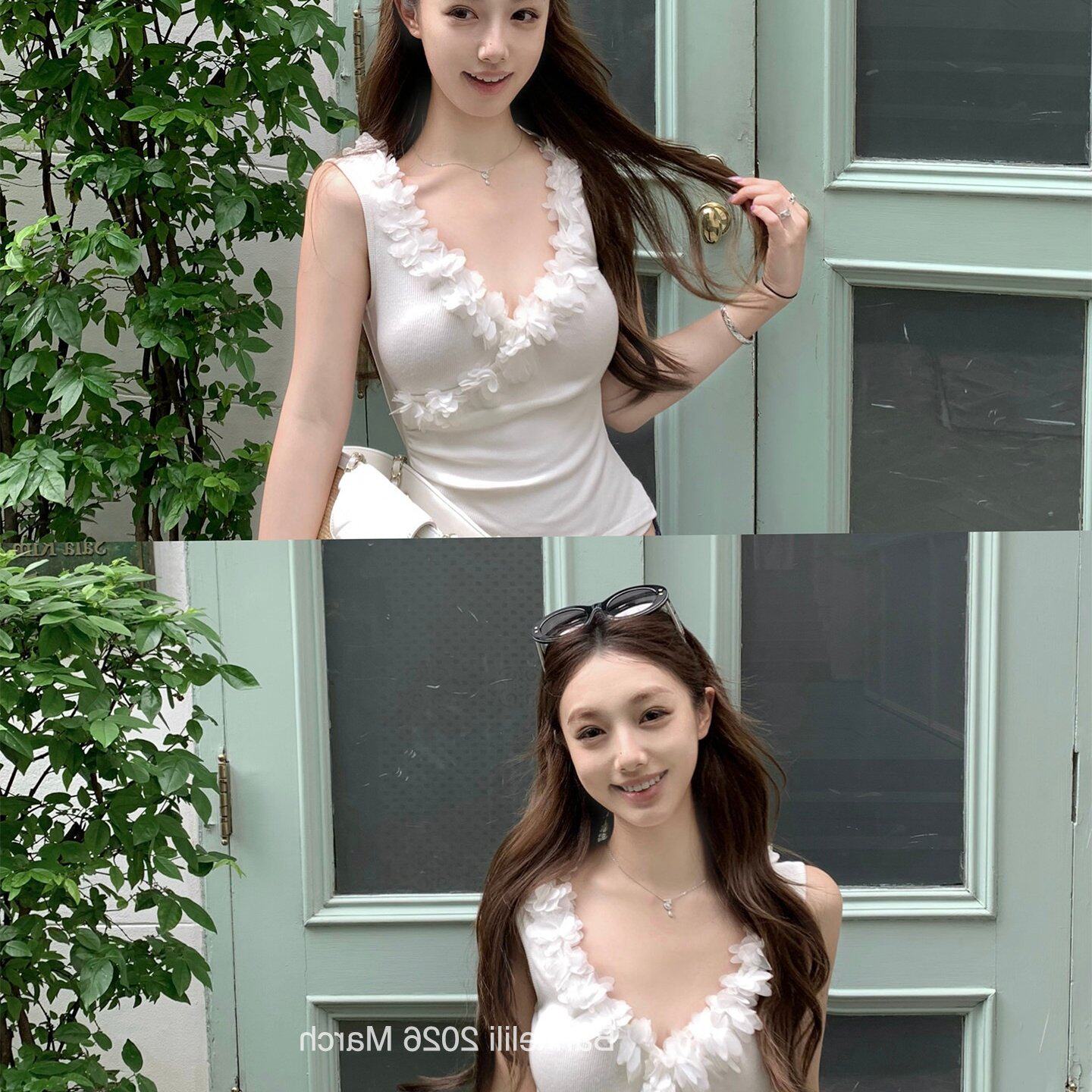 白色v领花边吊带背心女外穿夏季甜辣风穿搭立体花朵交叉无袖上衣