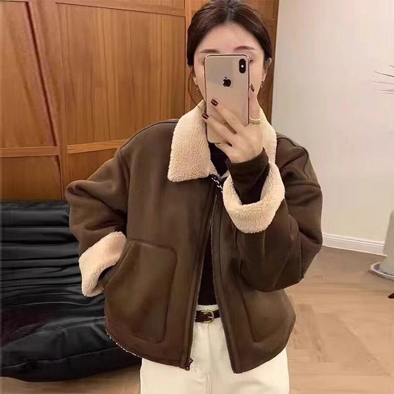 皮毛一体加厚羊羔毛外套女冬季设计感美式复古保暖短款翻领机车服
