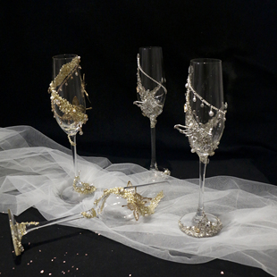 银色敬酒杯浅金色碎钻香槟杯高脚杯新婚礼物成品diy材料包带礼盒