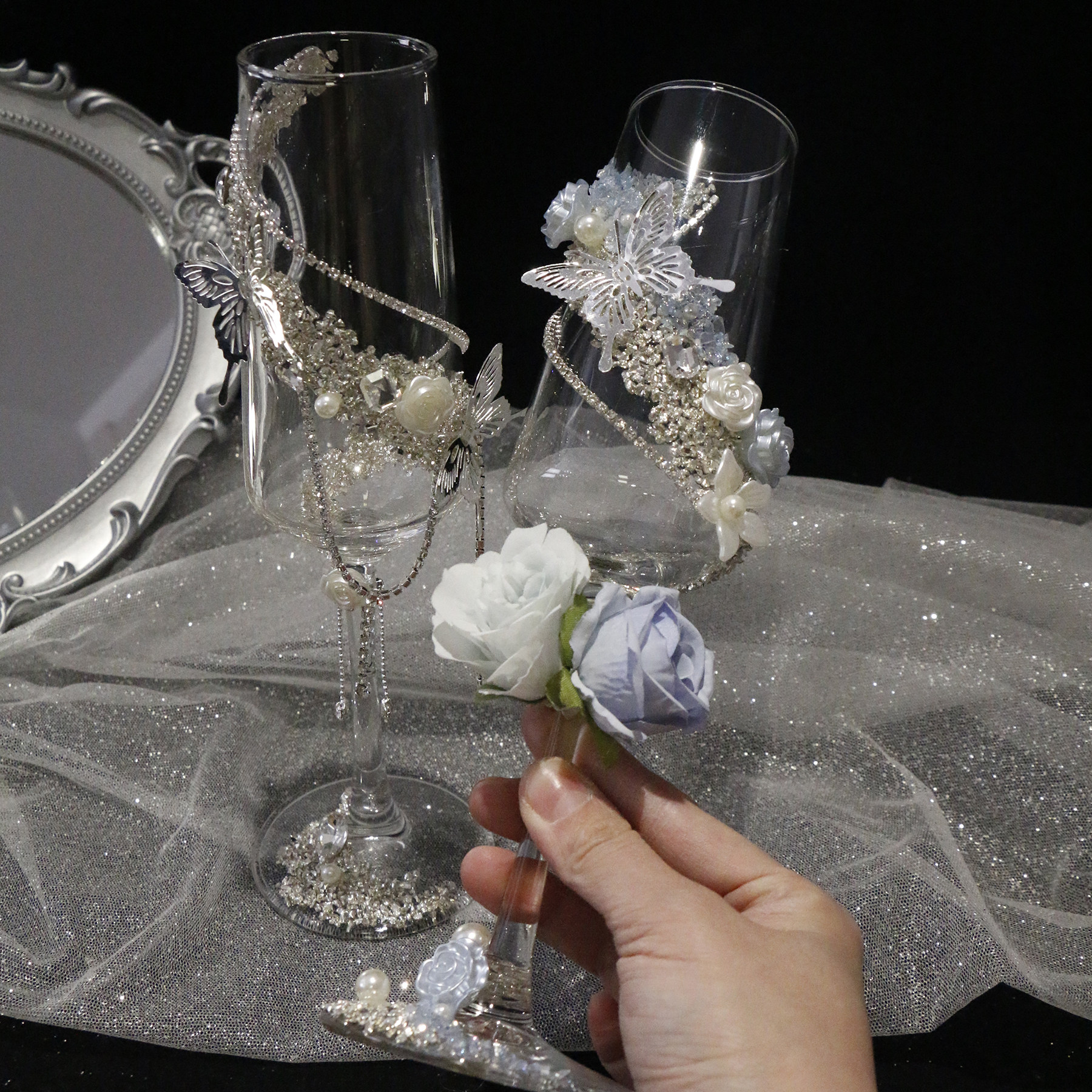 成品蓝色婚礼敬酒杯银色香槟杯碎钻闪亮银河杯花艺订婚结婚礼物