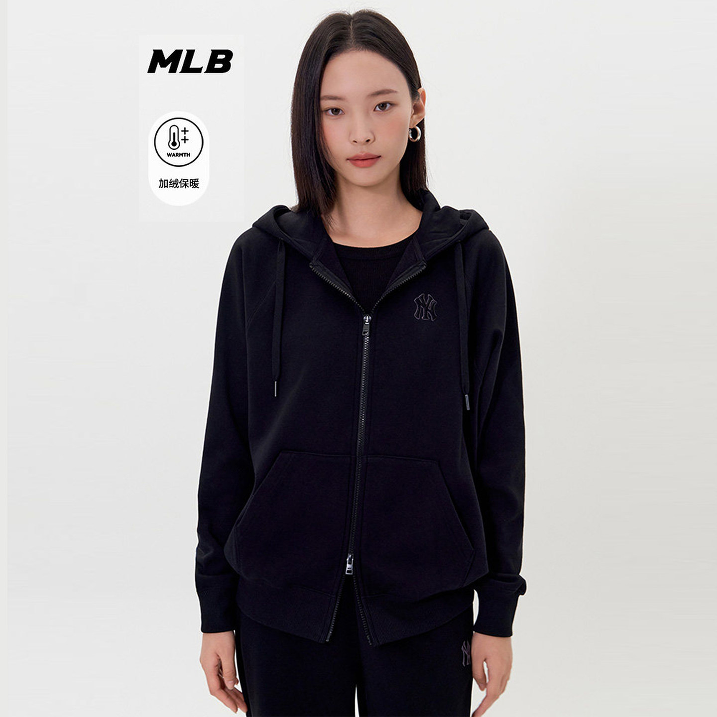 MLB男女情侣外套NY刺绣小标加绒保暖连帽运动开衫卫衣3ATRB0156