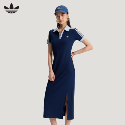 adidas三叶草女翻领长裙连衣裙