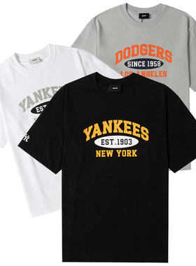 MLB春夏男女同款短袖NY字母印花半袖撞色圆领运动T恤3ATSV0843