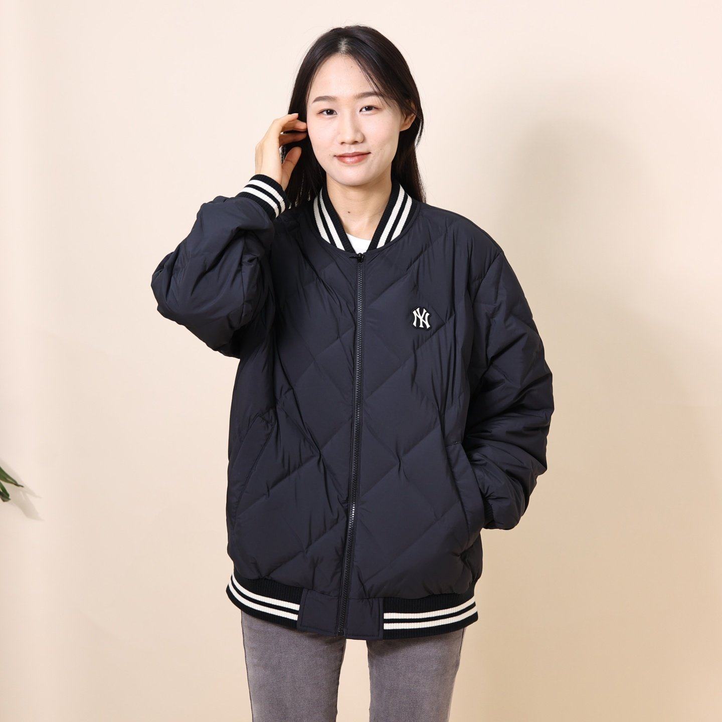 MLB羽绒服男女25秋冬新款NY小标菱格棒球服运动棉羽外套3ADJV4156