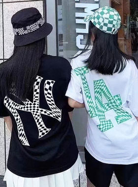 MLB情侣短袖春夏款NY大标棋盘格男女半袖休闲运动T恤3ATSO0243