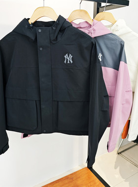 MLB女子冲锋衣25秋冬新款NY学院风短款连帽防水夹克外套3FWJB0154