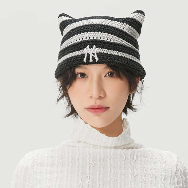 MLB男女针织帽26新款NY复古镂空猫耳朵时尚运动毛线帽3ABNB0363