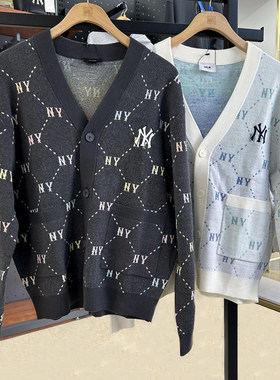 MLB情侣针织外套男女同款NY钻石老花男女开衫运动毛衣3AKCM0244